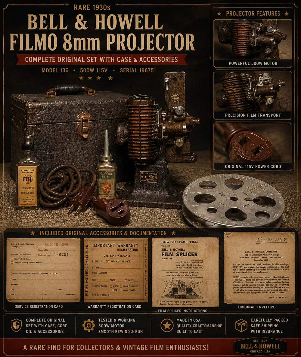 1934 Bell & Howell Early 8mm Film Projector - Antique Regent Model - Perfect Con - Picture 11 of 12